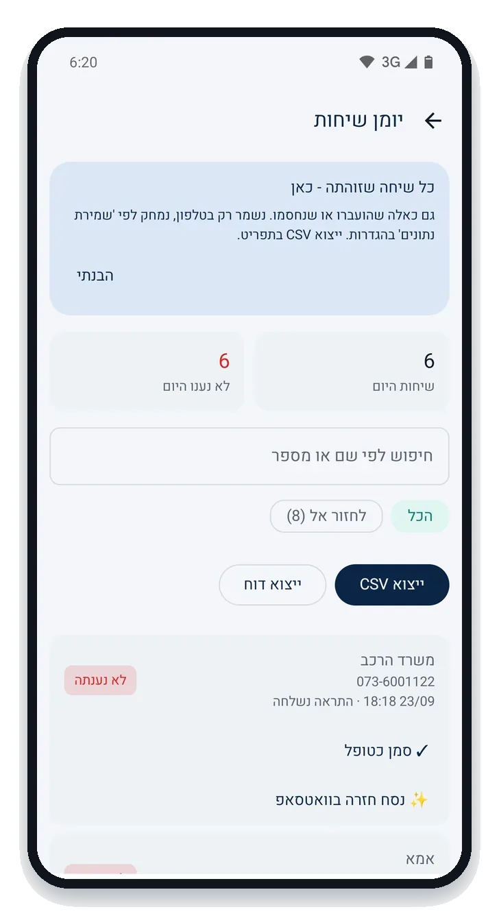 יומן השיחות: 6 שיחות היום, 6 לא נענו, סינון לחזור אל, ייצוא CSV וסימון טופל