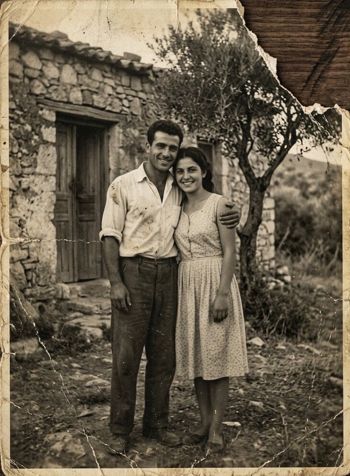 תמונה ישנה בשחור-לבן, דהויה ושרוטה, עם פינה קרועה, של זוג צעיר מול בית אבן